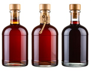 Three glass bottles with dark liquid, cork tops, and twine