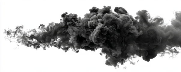 Abstract stream of dense black smoke or ink cloud flowing through the air, rendered illustration isolated on a white background.