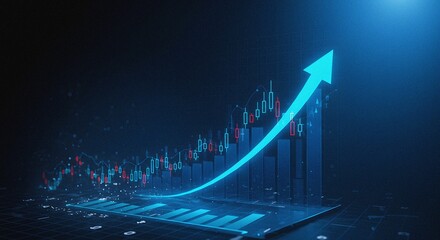 Blue background with arrow up and upward growing stock market graph, financial growth concept on digital screen.