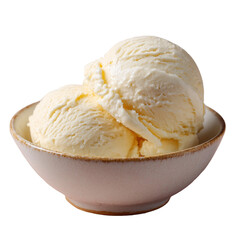 two scoops of vanilla cream ice cream in a small ceramic bowl, viewed from a slightly elevated angle (30 to 45 degrees)