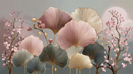 Abstrakte Ginkgobl&auml;tter und Kirschbl&uuml;ten in Pastellt&ouml;nen, ein elegantes Wandgem&auml;lde