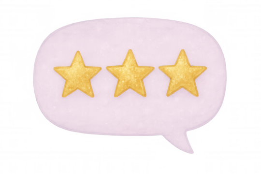 Golden stars aligned horizontally inside pink speech bubble signaling positive feedback, floating on transparent backdrop