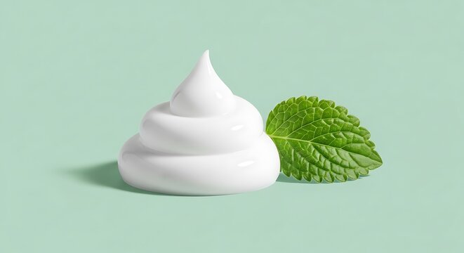 A pristine swirl of white cosmetic cream or foam is meticulously arranged next to a fresh green mint leaf, set against a solid pastel mint-green background. 