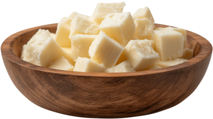 Wooden bowl of diced soft cheese ,isolated on a white or PNG background