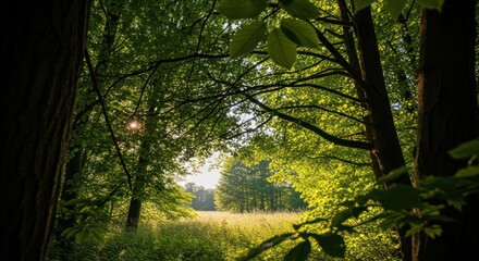 Lush Forest Archway Opening to a Sun-Drenched Golden Meadow