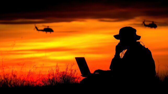 A silhouette of a soldier using a laptop at sunset with helicopters flying in the background