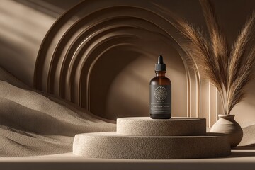 Eine braune Glasflasche mit Tropfer steht auf einem runden Podium vor einem geschwungenen Hintergrund mit einem Pampasgras-Arrangement.