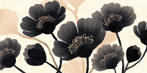 Dunkle Mohnblumen mit zarten Bl&auml;ttern auf hellem Hintergrund, elegantes Muster