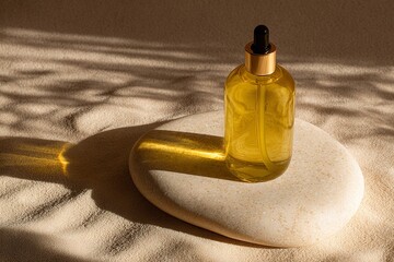 Ein Glasfl&auml;schchen mit goldenem &Ouml;l und Pipette auf einem Stein im Sand, beleuchtet von Sonnenlicht und Schatten.