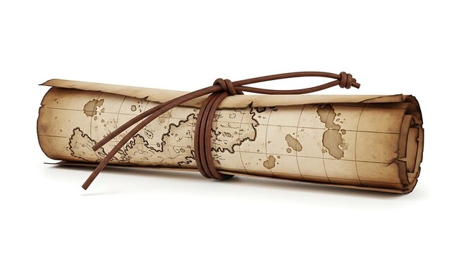 An old, rolled-up treasure map made of aged parchment is tied with a simple leather cord and isolated on a clean white background.