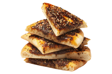 Triangular manakish flatbreads bread slices topped with za'atar, cheese and sesame seeds, isolated on white transparent background, concept of Lebanese cuisine