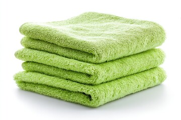 Stacked light-green towels on white background