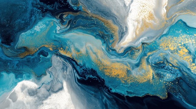 Vibrant abstract artwork featuring swirling blue, teal, white, and gold colors with a fluid, marbled effect