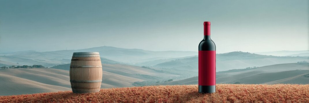 Authentic National Chianti Day Celebration with Premium Red Wine Bottle and Barrel in Scenic Vineyard for Fall Harvest Marketing Campaigns