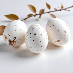 Fototapeta premium Three speckled eggs rest on a white surface, near a twig with dried leaves