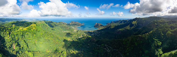 Magnificent aerial view of the bottom of the HANE and HOKATU valleys on the island of UA HUKA in the Marquesas archipelago in French Polynesia