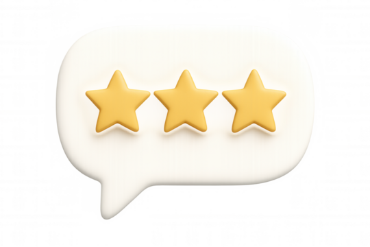 Golden 3d stars gleaming inside speech bubble, symbolizing positive customer review and feedback rating on transparent background