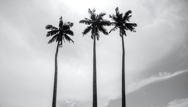 Three tall palm trees stand silhouetted against a bright, overcast sky