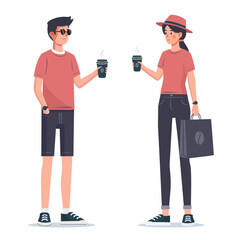 Two people are drinking coffee. Colored vector flat illustration. White background.