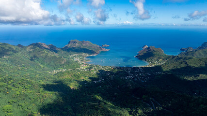 Magnificent aerial view of the bottom of the HANE and HOKATU valleys on the island of UA HUKA in...