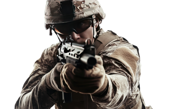 Soldier aiming rifle with intense focus isolated on transparent background