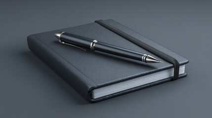 A black leather notebook with an elastic band and a sleek black pen resting on top, set against a dark background
