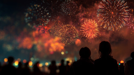 Busan Fireworks Festival, close-up of fireworks in the night sky, blurred silhouettes of people watching