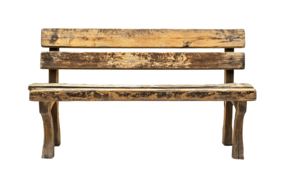 Rustic wooden park bench with weathered texture isolated on transparent background