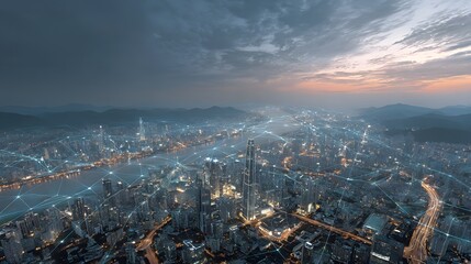 Fototapeta premium Photorealistic Aerial View of Modern City at Dusk