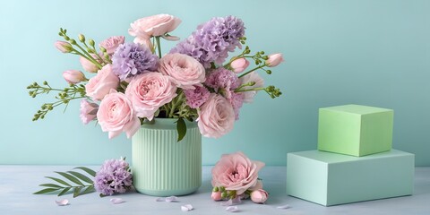 Fototapeta premium Beautiful floral arrangement with roses and other flowers in a vase on a table