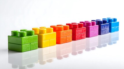 Fototapeta premium Colorful Toy Blocks in Row Rainbow Colors Reflective Surface