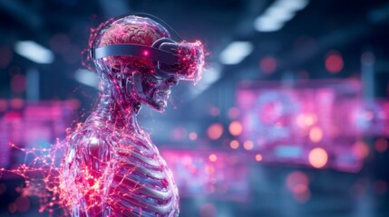 Futuristic translucent skeleton wearing a high-tech virtual reality headset with glowing neural connections in a digital environment.