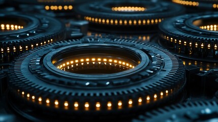 Abstract gears and cogs with glowing lights in a dark setting.