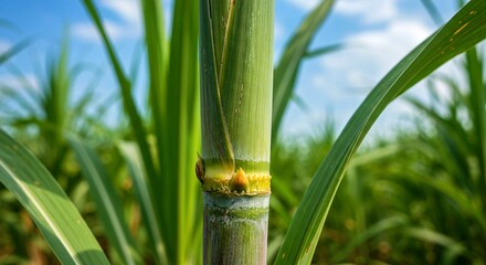 Obraz premium close up of grass, Close-up of green sugarcane stalk with fresh foliage in tropical field. Plant known for producing sweet, natural sugar, juice. Thick, segmented structure with bark-like layers ideal