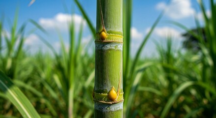 Obraz premium bottle of champagne on grass, Close-up of green sugarcane stalk with fresh foliage in tropical field. Plant known for producing sweet, natural sugar, juice. Thick, segmented structure with bark-like l