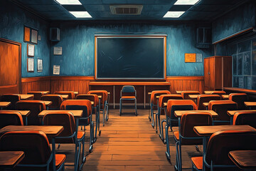 Fototapeta premium A vacant classroom with wooden desks and a chalkboard, exuding a nostalgic and educational atmosphere.