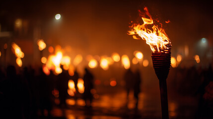 Hastings Bonfire Celebrations, banner format with single torch in sharp focus, warm firelight and silhouettes of people behind