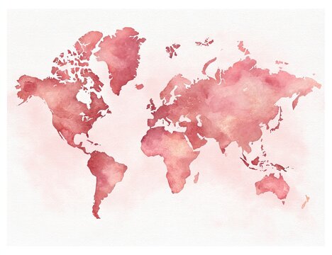 Rose-toned watercolor world map