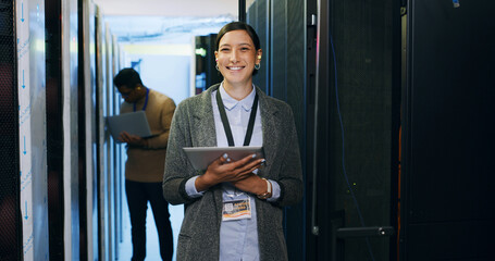 Server room, portrait and woman technician with tablet for cybersecurity, update and machine...