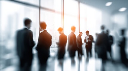 Business professionals networking and conversing in a modern office space with large windows and natural light