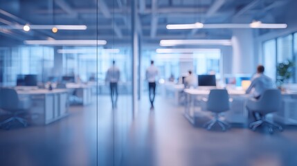 Fototapeta premium Modern open-plan office space with people working at desks and walking, featuring bright lighting and glass partitions