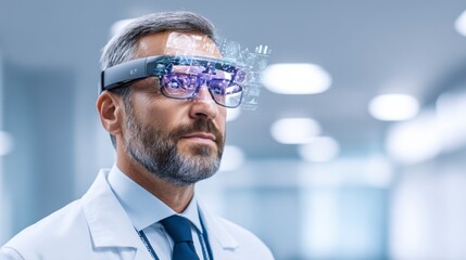 Man in a lab coat wearing augmented reality glasses, analyzing digital holograms with futuristic technology in a modern, bright laboratory setting.