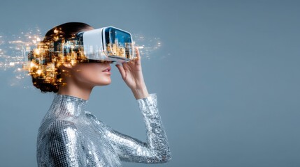 A futuristic woman wearing a silver outfit experiences virtual reality with digital light effects surrounding her head.