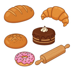 A vibrant collection of delicious flat bakery items, featuring golden croissants, fresh bread, sweet cake, donuts, and a rolling pin, neatly arranged on a crisp white background.