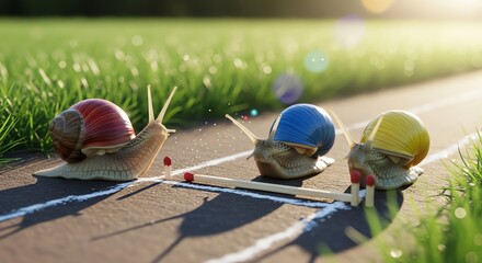 Three snails racing on a track