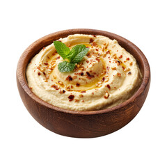 Creamy hummus garnished with olive oil, chili flakes, and mint leaves in wooden bowl, isolated on white transparent background, concept of healthy food