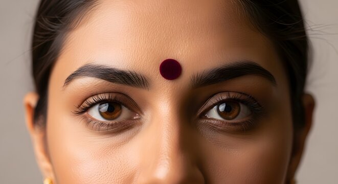 Intimate close-up portrait of a beautiful Indian woman, Bindi, Eyes, Culture, Traditional, Beauty