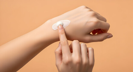Naklejka premium Woman Applying White Cream to Hand on Peach Background