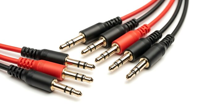 Close-up of various audio jack cables isolated on a white background, showcasing technology and