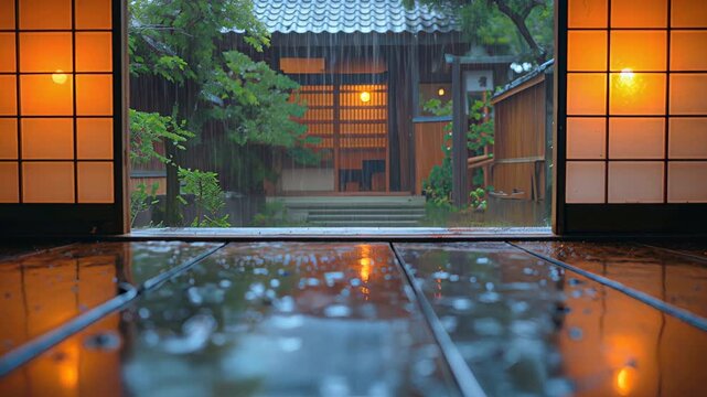 Rain-Soaked Engawa of Traditional Japanese House with Lantern Glow